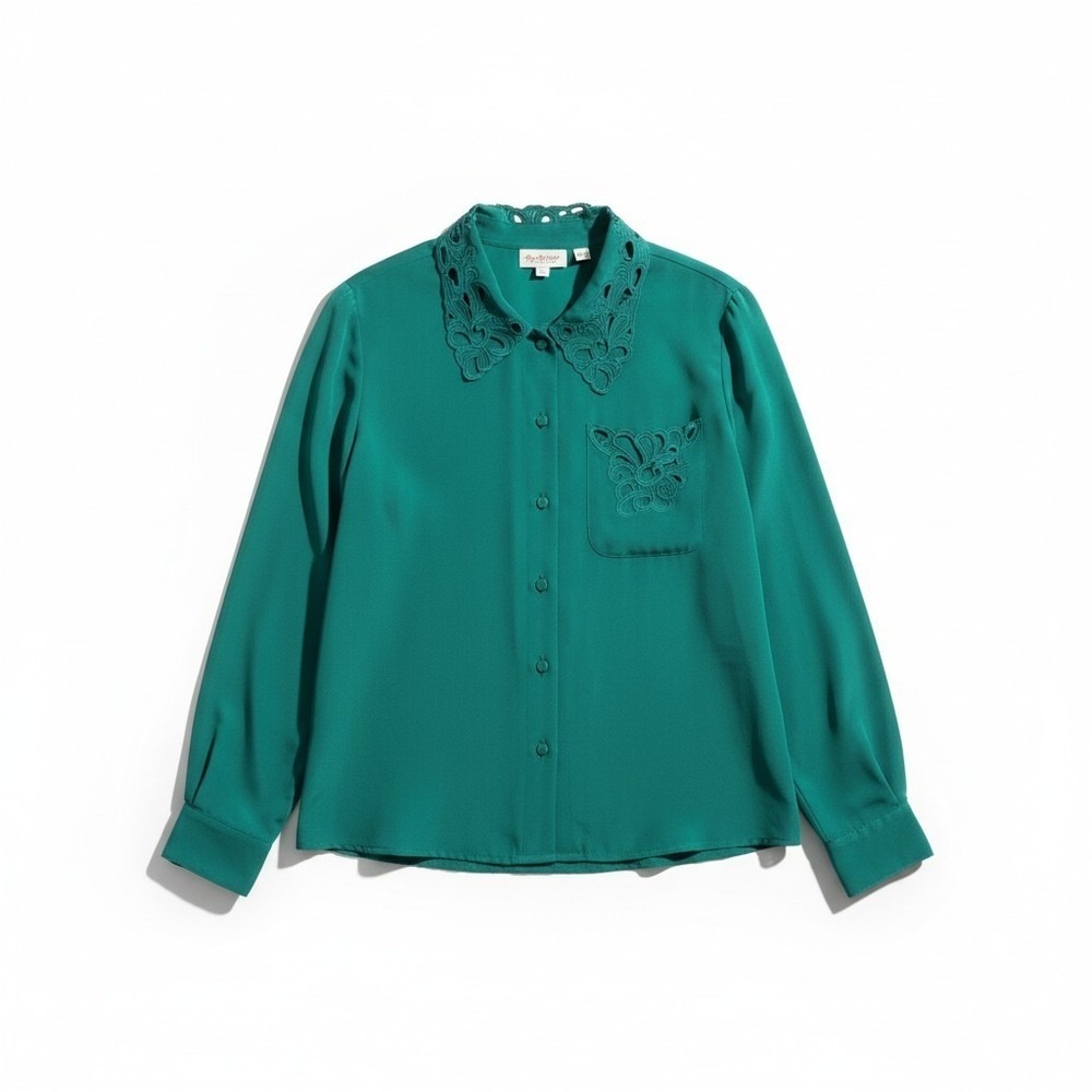 T.J. Sport Emerald Green Embroidered Collar Blouse Size 8 Long Sleeve Vintage